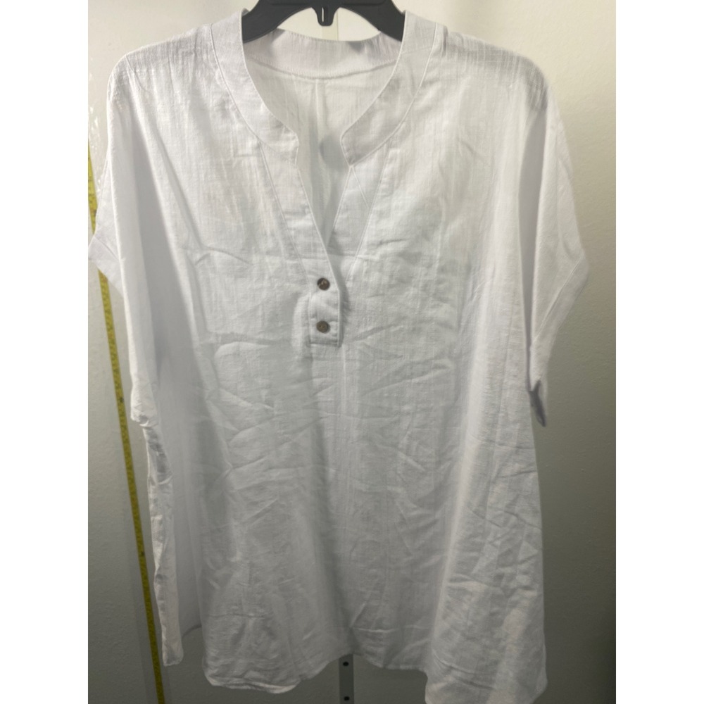 White Linen Blend Split V-Neck Button Tunic Top Short Sleeve Summer Blouse